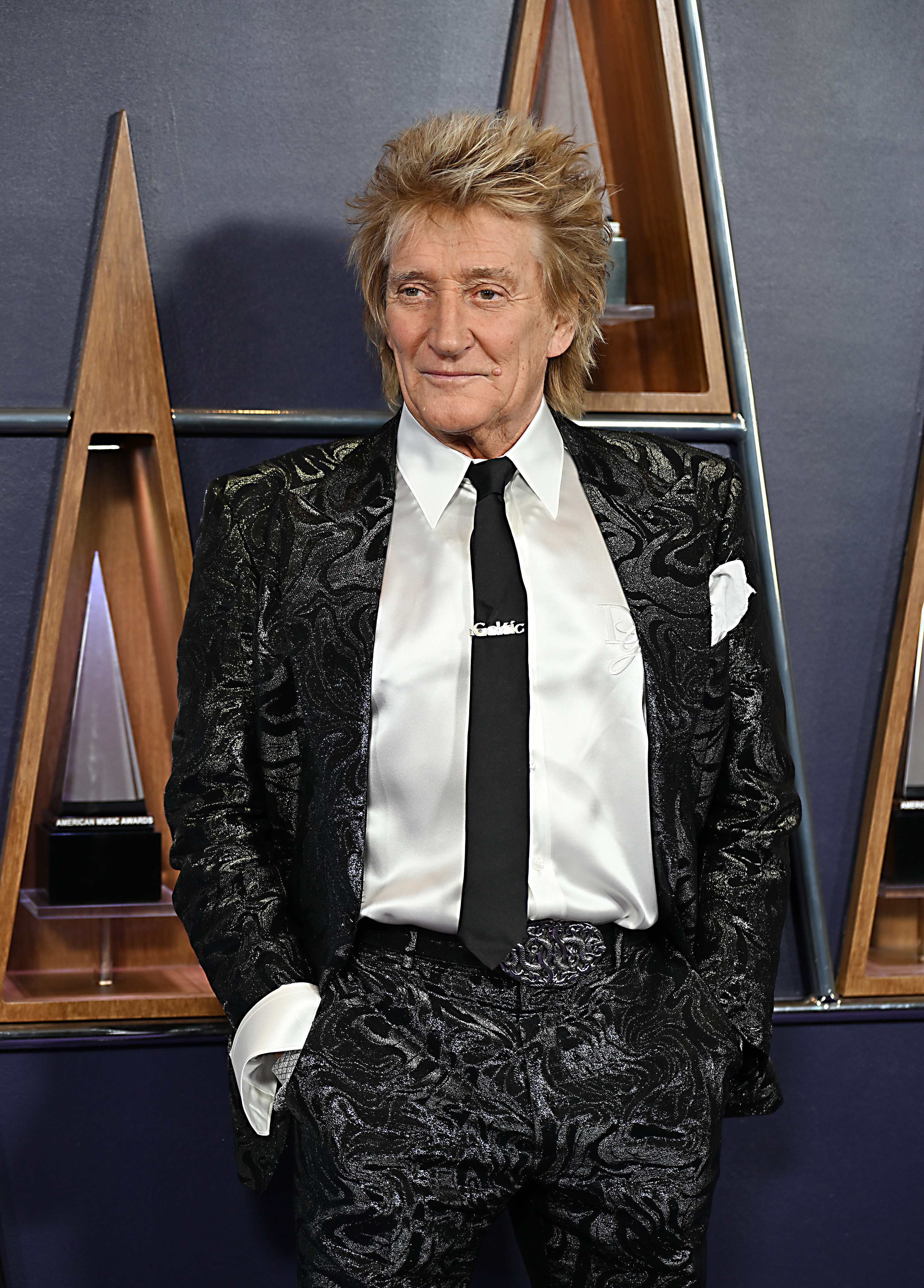 Rod Stewart brought rockstar elegance to the 2025 AMAs in a matching suit crafted from metallic black swirl brocade, styled with a white satin shirt and slim black tie. His signature tousled hair completed the effortlessly cool look.