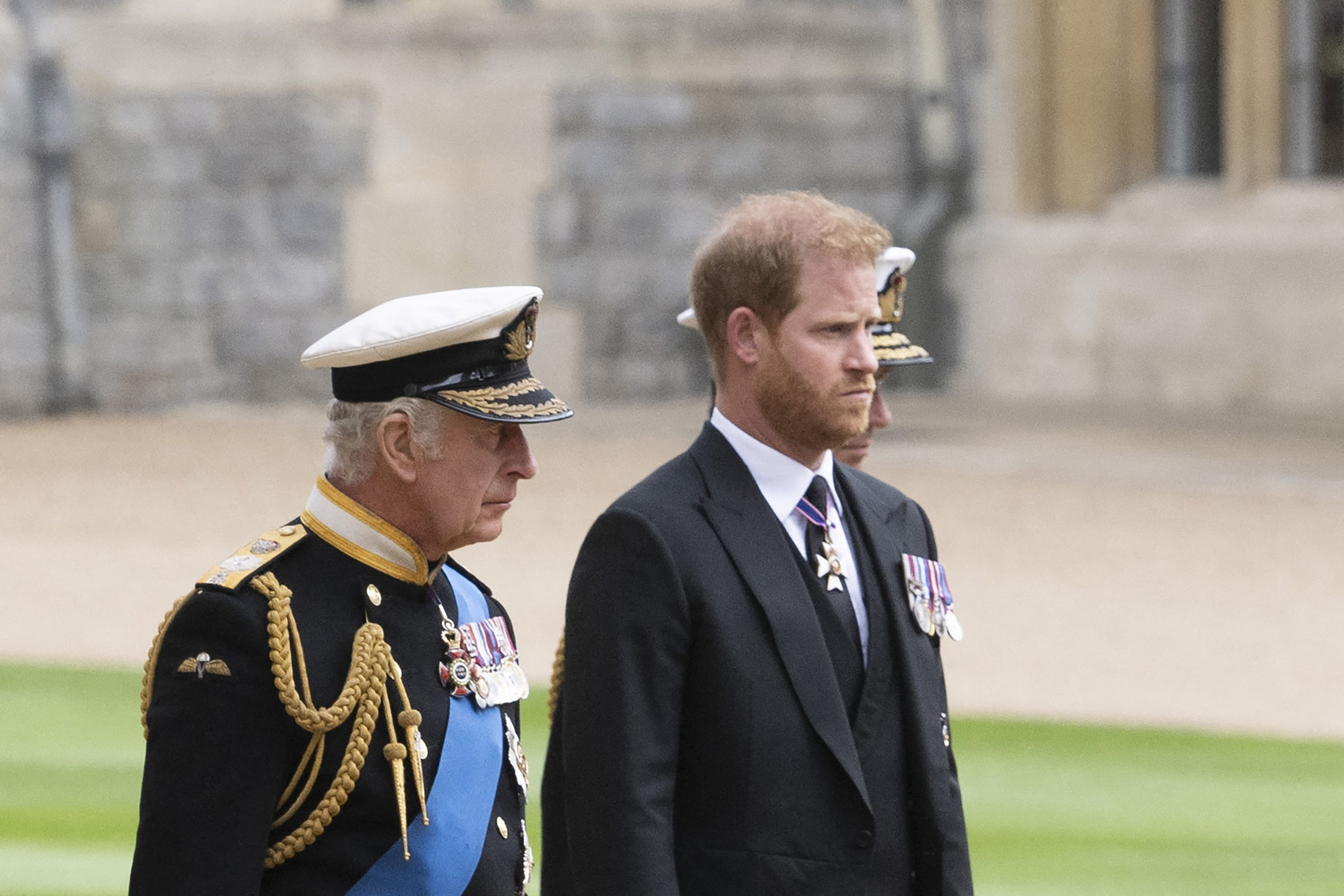 King Charles III with Prince Harry arrive at St George's Chapel in Windsor Castle, ahead of the Committal Service for Queen Elizabeth II, on September 19, 2022 | Source: Getty Images