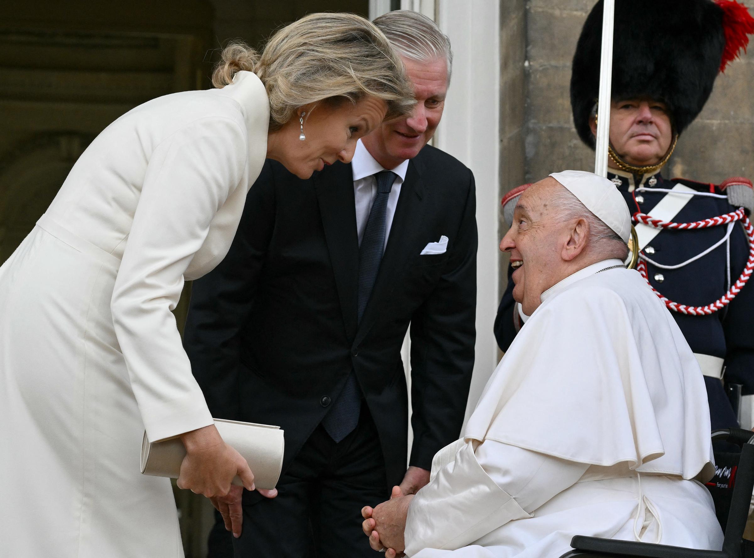 Pope Francis is greeted by King Philippe and Queen Mathilde of Belgium at the Castle of Laeken, near Brussels, on September 27, 2024 | Source: Getty Images