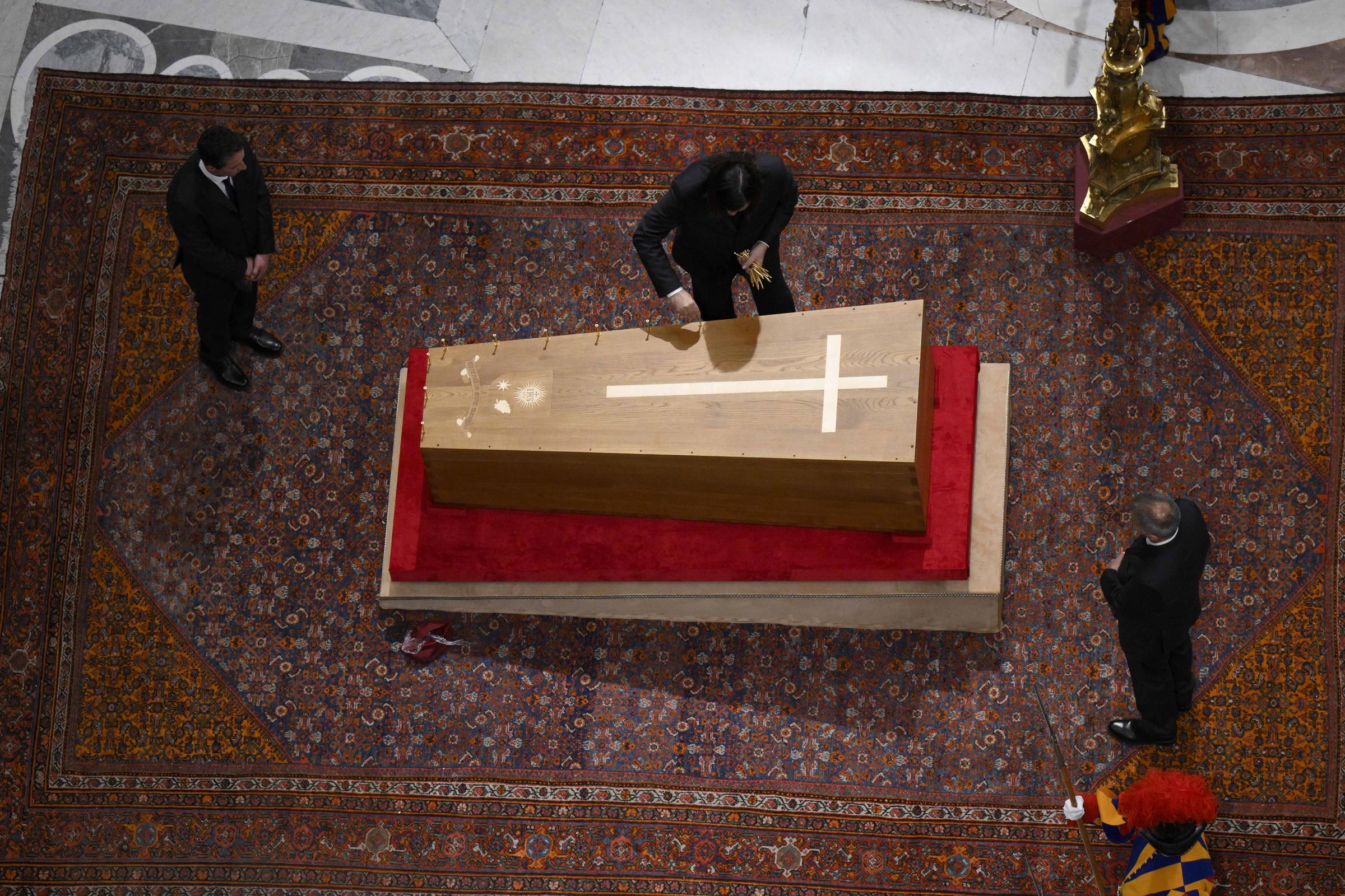 A view of the Pope Francis coffin as Cardinal Kevin Farrell presides in St. Peter's Basilica at the Rite of Sealing of the Coffin, ahead of the papal funeral on Saturday morning, on April 25, 2025 | Source: Getty Images