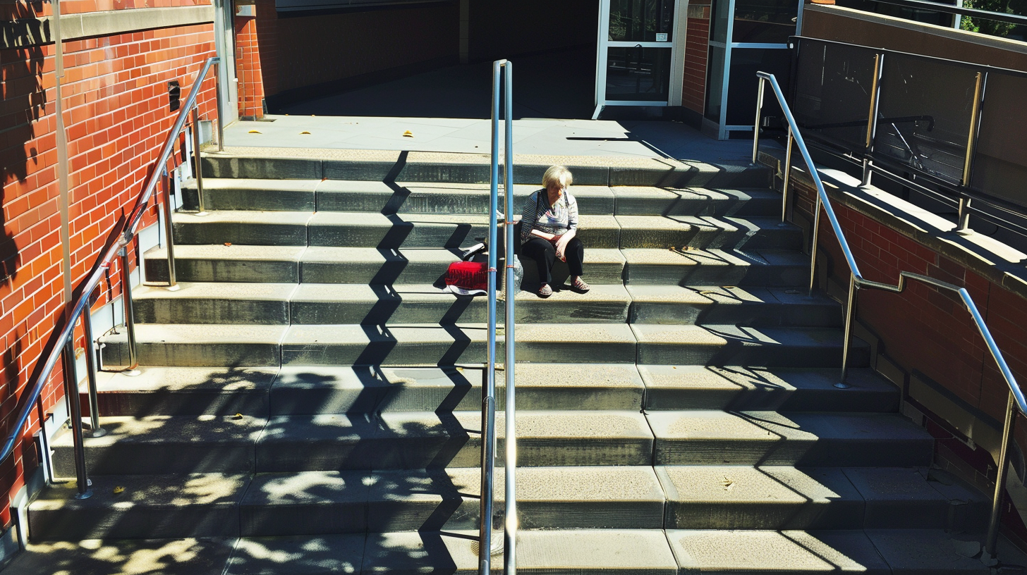 Old lady sitting on the stairs | Source: Midjourney