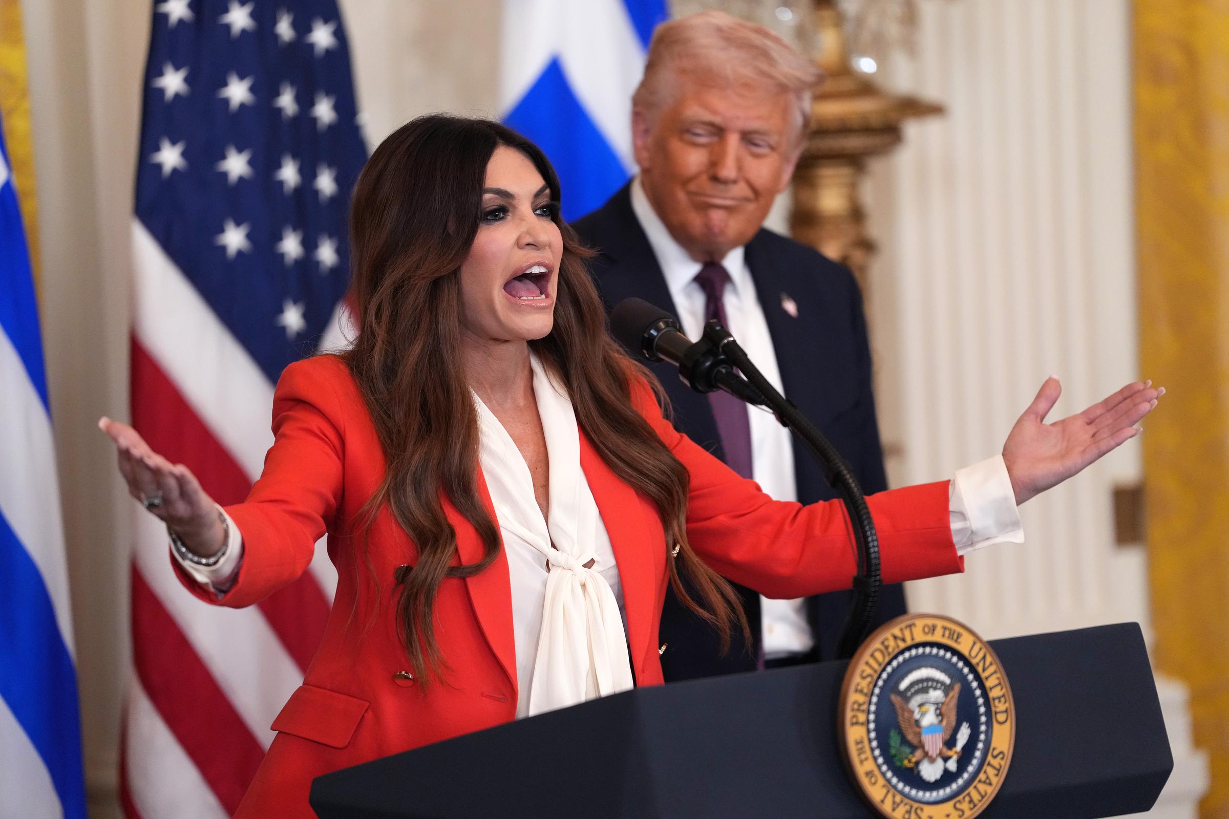 Kimberly Guilfoyle speaks alongside U.S. President Donald Trump during a Greek Independence Day celebration at the White House on March 24, 2025, in Washington, D.C. | Source: Getty Images