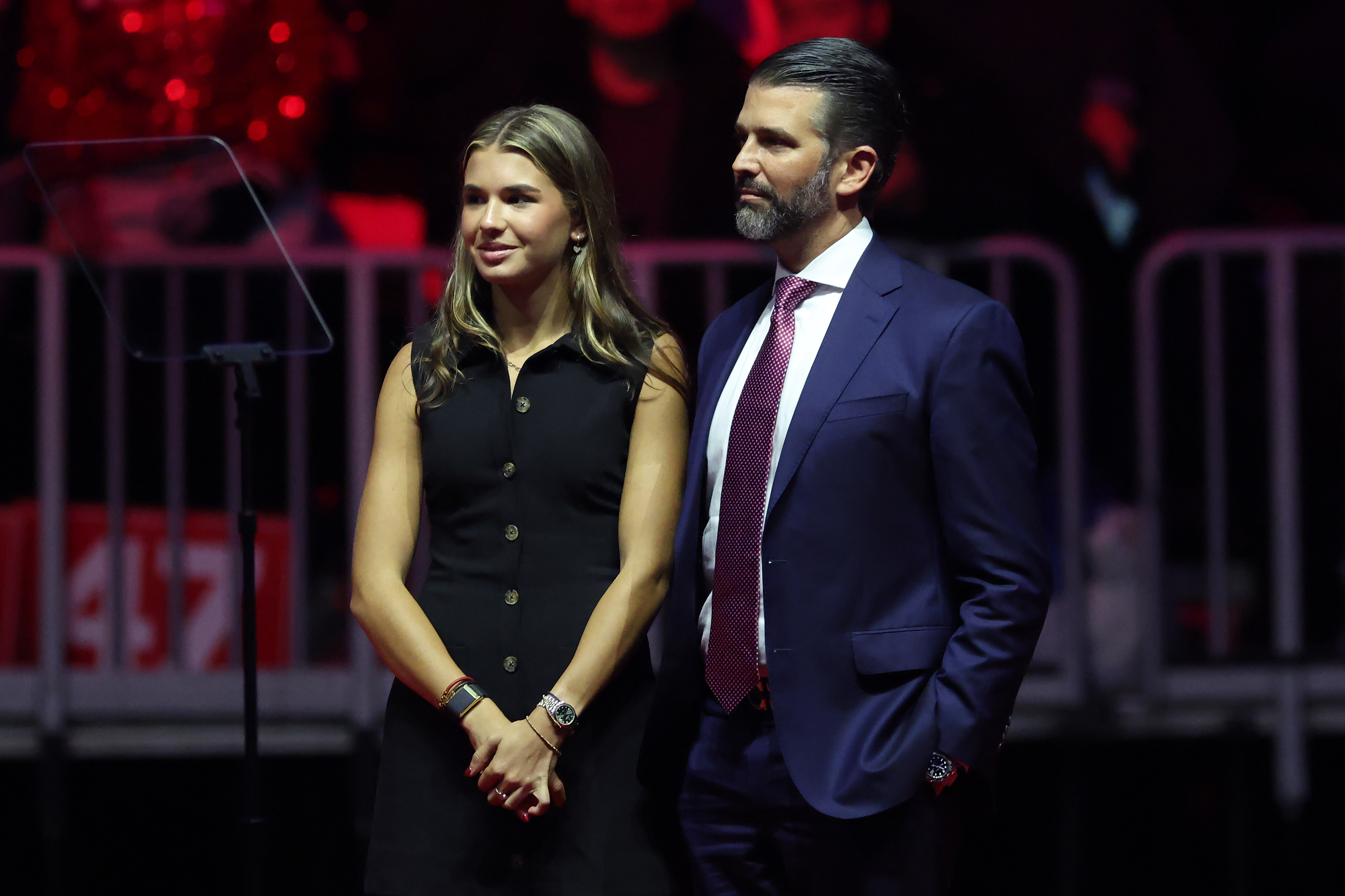 Kai Madison and Donald Trump Jr. stand onstage at President-elect Donald Trump's victory rally on January 19, 2025, in Washington, D.C. | Source: Getty Images