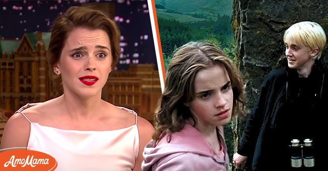 Pictured: (L) Actress Emma Watson during an appearance on "The Tonight Show Starring Jimmy Fallon." (R) Emma Watson as Hermione Granger and Tom Felton as Draco Malfoy on "Harry Potter" | Source: YouTube/@The Tonight Show Starring Jimmy Fallon and YouTube/@Wizarding World