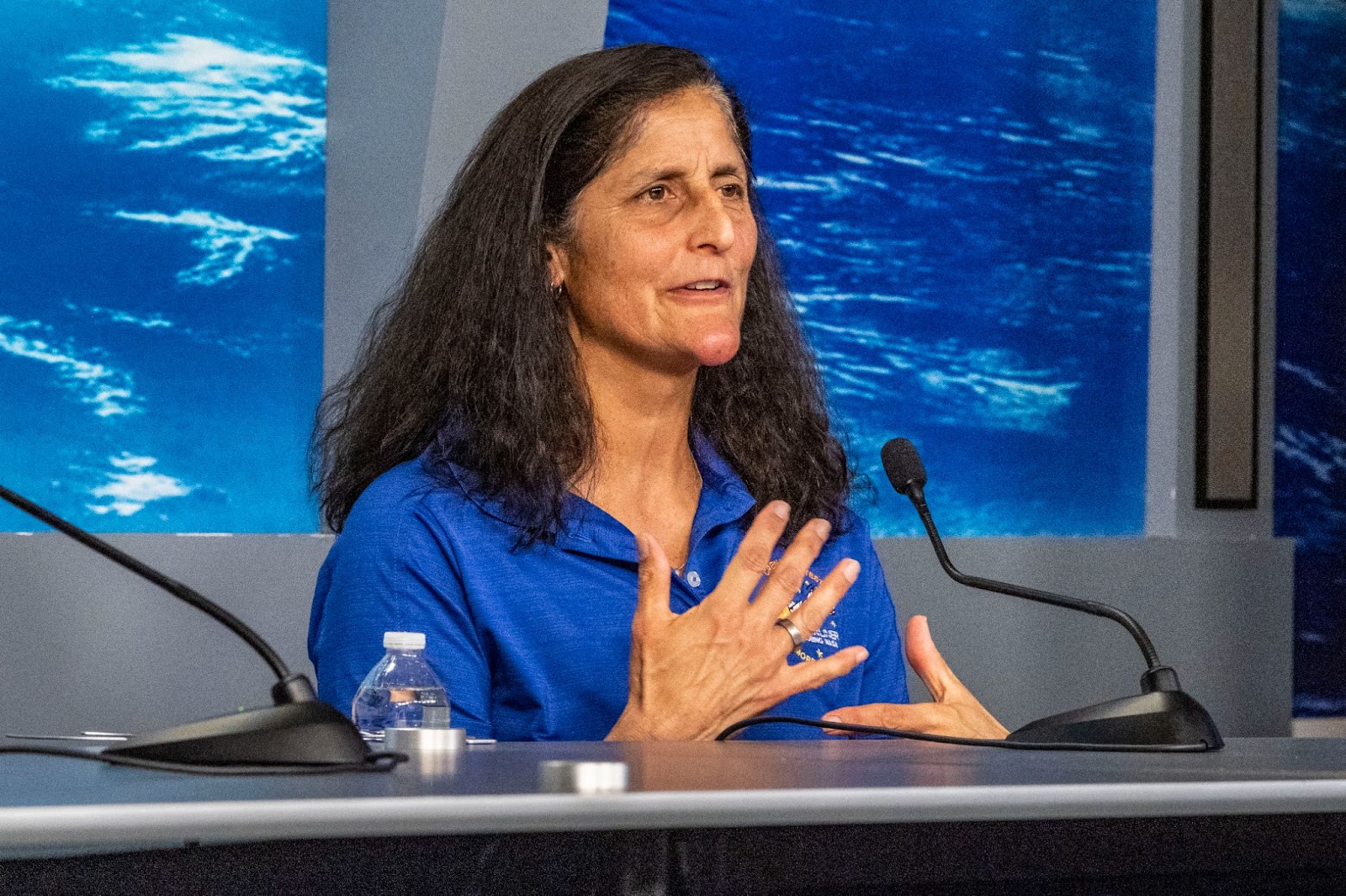 Sunita “Suni" Williams during a media briefing after being identified as part of the first crew to fly the Boeing CFT-100 Starliner spacecraft in early summer of 2024, on March 22, 2024 | Source: Getty Images