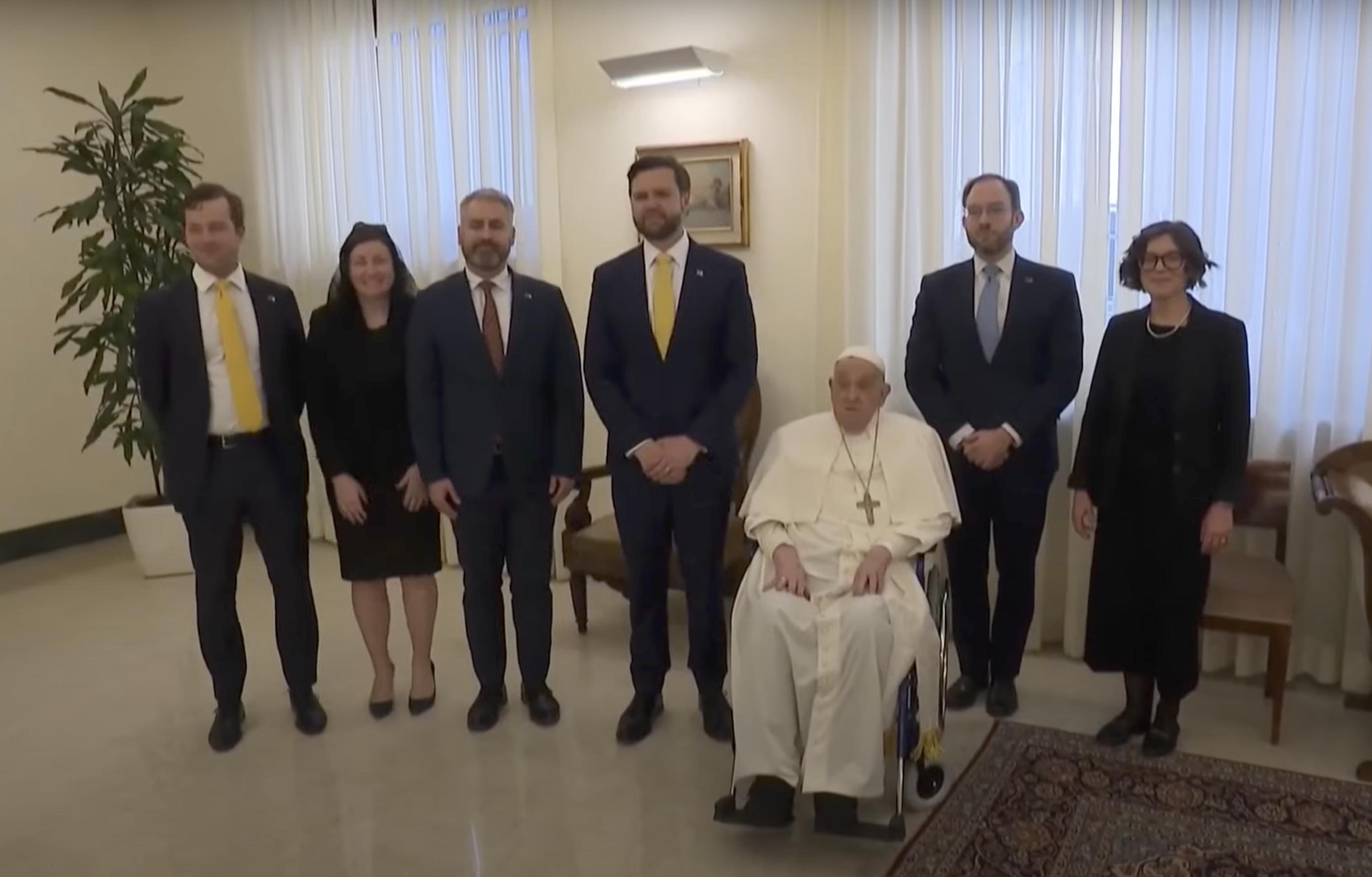 A screenshot of JD Vance with Pope Francis during their Easter exchange from a video dated April 20, 2025. | Source: YouTube/AFP News Agency