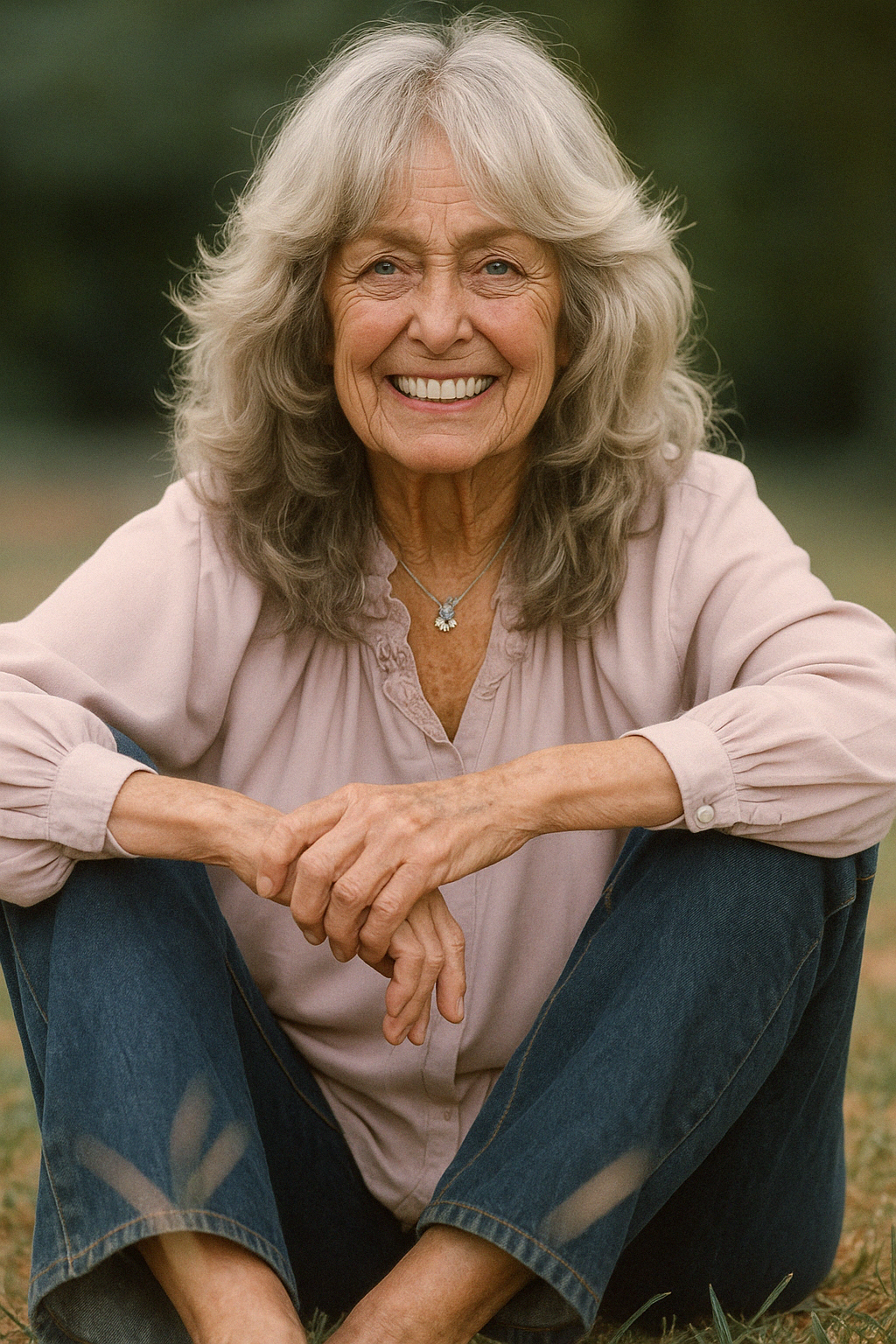 Captured in a serene moment, a smiling Farrah Fawcett relaxes on the grass in a soft pink blouse and jeans. | Source: AI
