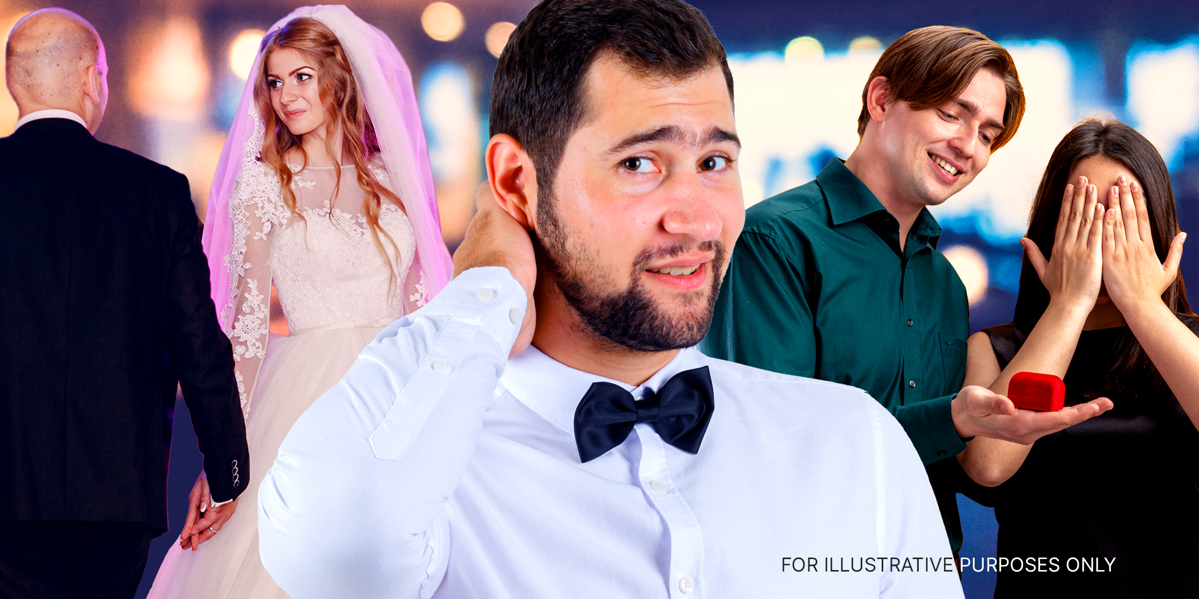A couple on their wedding day, a confused man, and a man proposing to his girlfriend | Source: Freepik