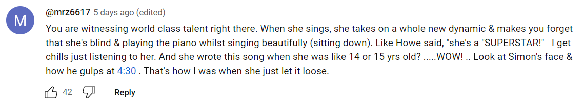 A user's comment on America's Got Talent's YouTube video | Source: youtube.com/AGT
