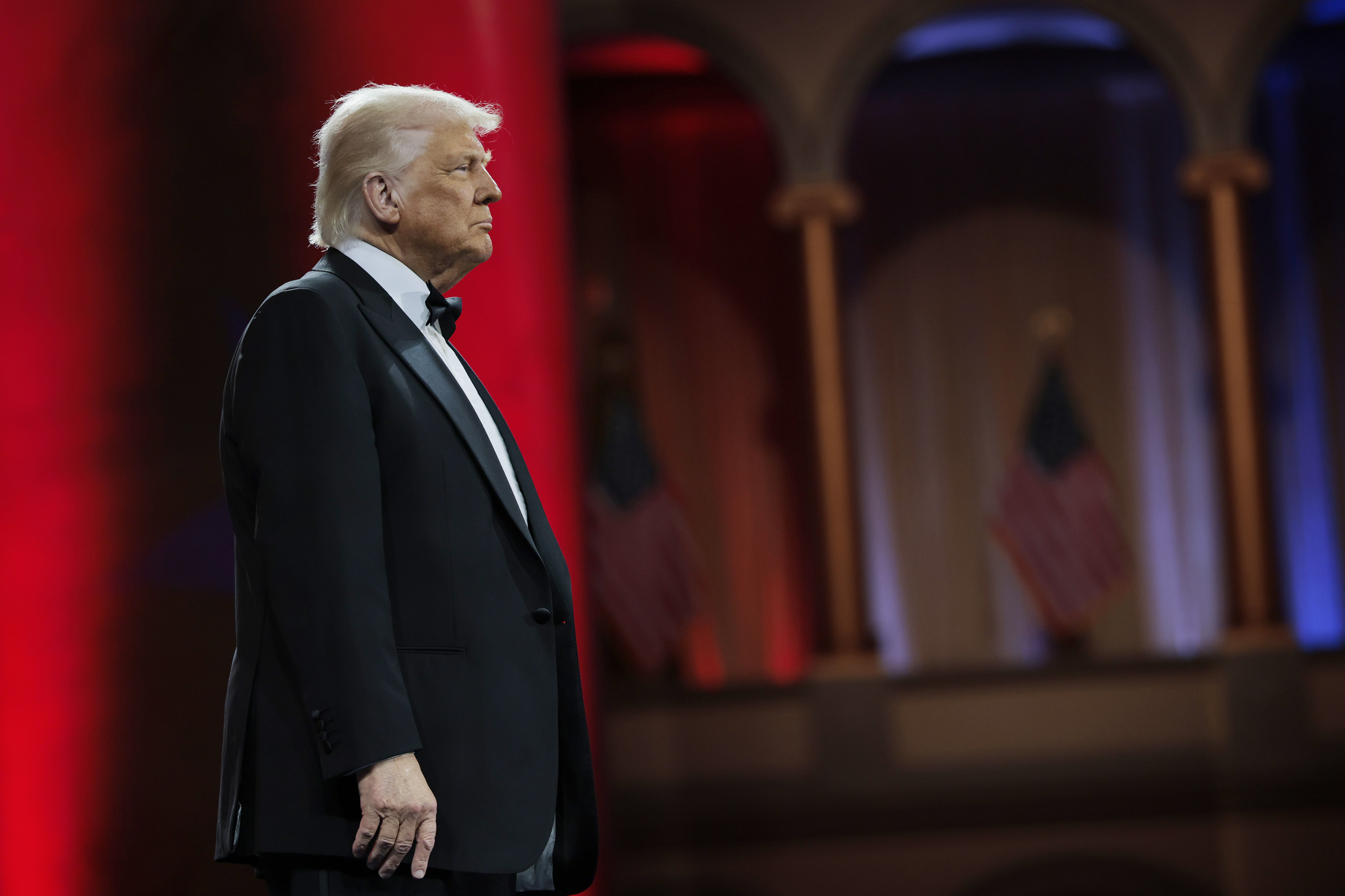 Donald Trump arrives to speak at the National Republican Congressional Committee (NRCC) dinner at the National Building Museum in Washington D.C., on April 8, 2025 | Source: Getty Images