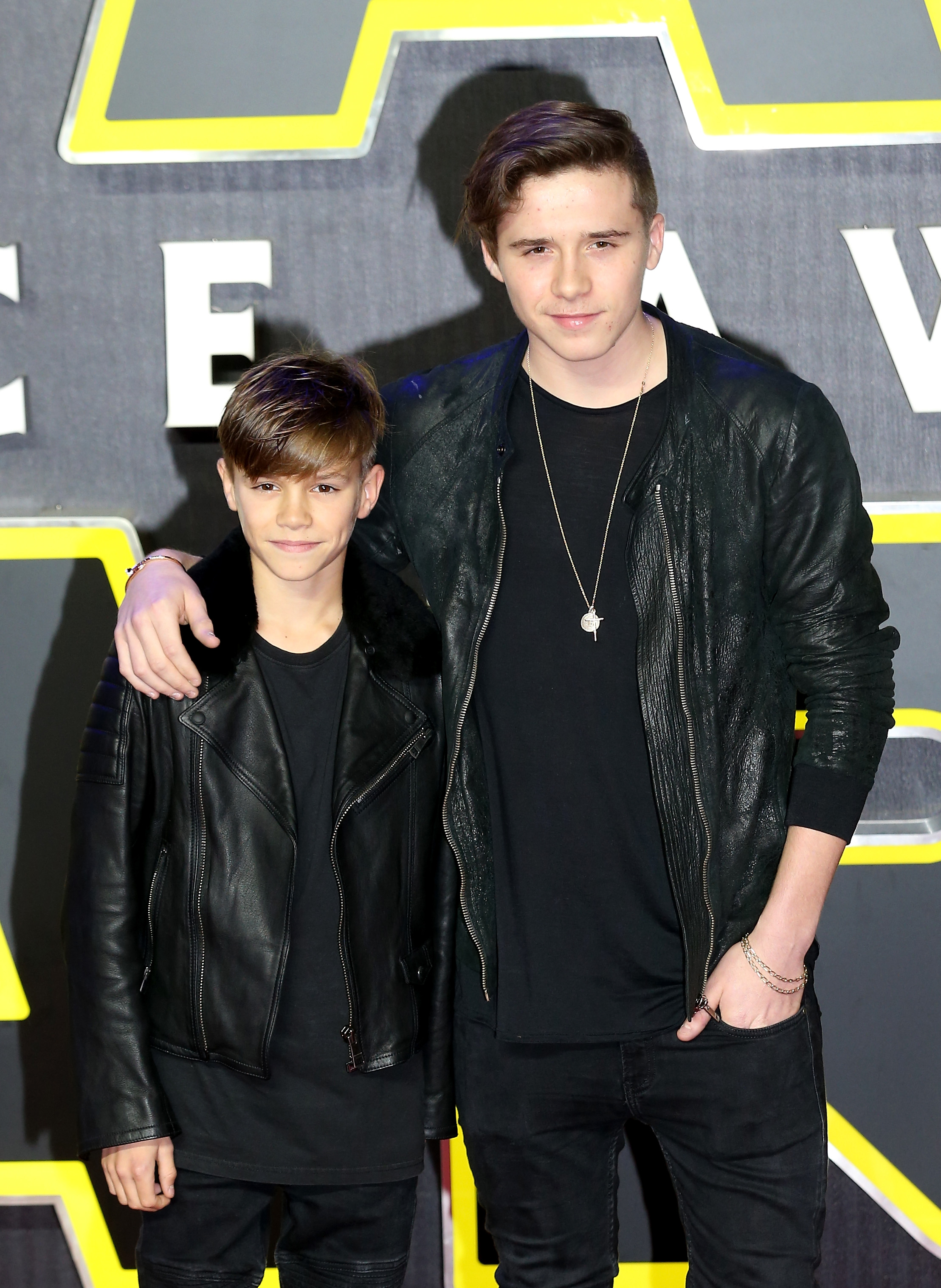 Romeo Beckham and Brooklyn Beckham attend the premiere of "Star Wars: The Force Awakens" at Leicester Square on December 16, 2015, in London. | Source: Getty Images